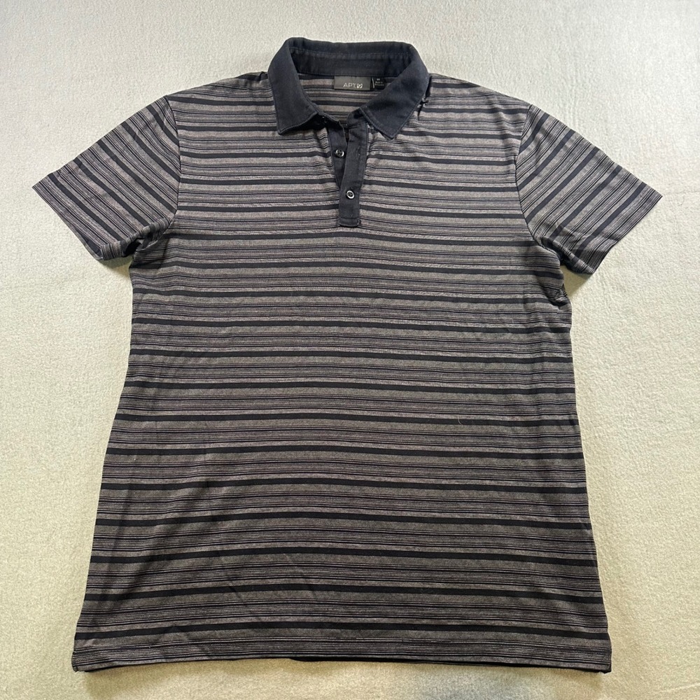 Apt 9 Mens Polo Shirt Medium Black Grey Striped Short Sleeve Cotton Blend Casual - Picture 1 of 6
